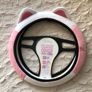 Pink and White Fluffy Cat Ears Steering Wheel Cover